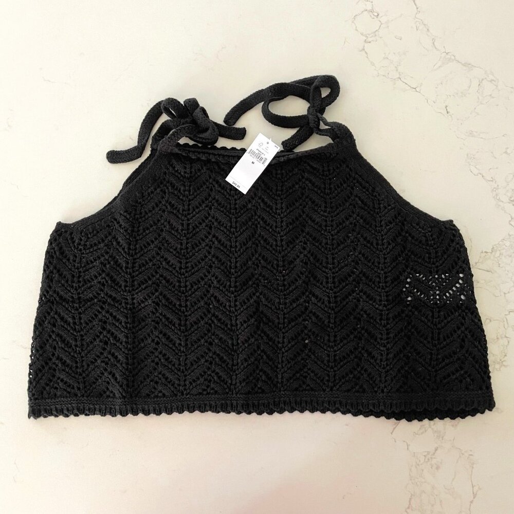 Gap Organic Cotton Crochet Shoulder Tie Crop Top Black NWT